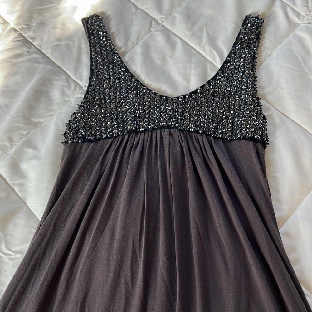 Vintage Beaded Studded Plunging Neckline Empire Sleeveless Cotton Dress XS-Small